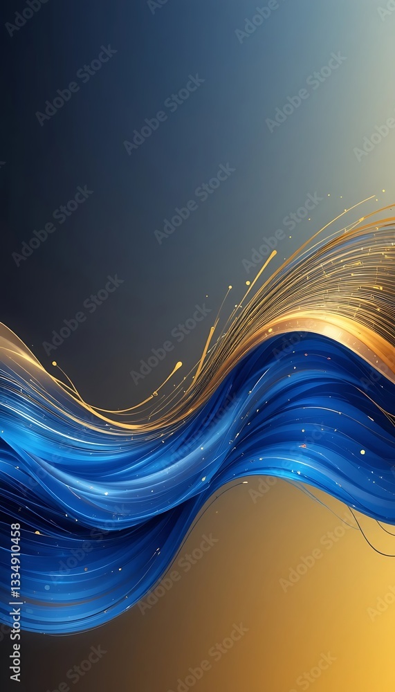 Poster abstract flowing blue and gold ribbon design with dynamic particle effects