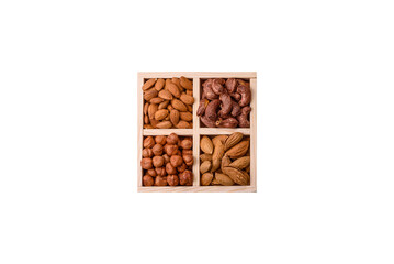 Wooden box with four sections filled with nuts