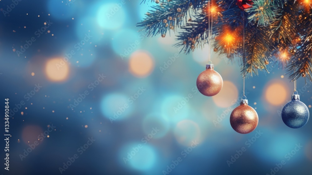 Poster sparkling christmas ornaments hang from a lush fir branch against a dreamy bokeh background creating