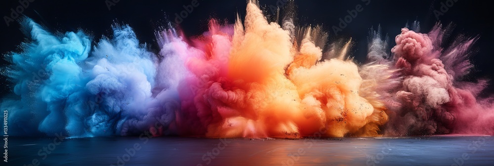 Poster spectacular and vivid explosion of multicolored pigments creating abstract cloud formations against 