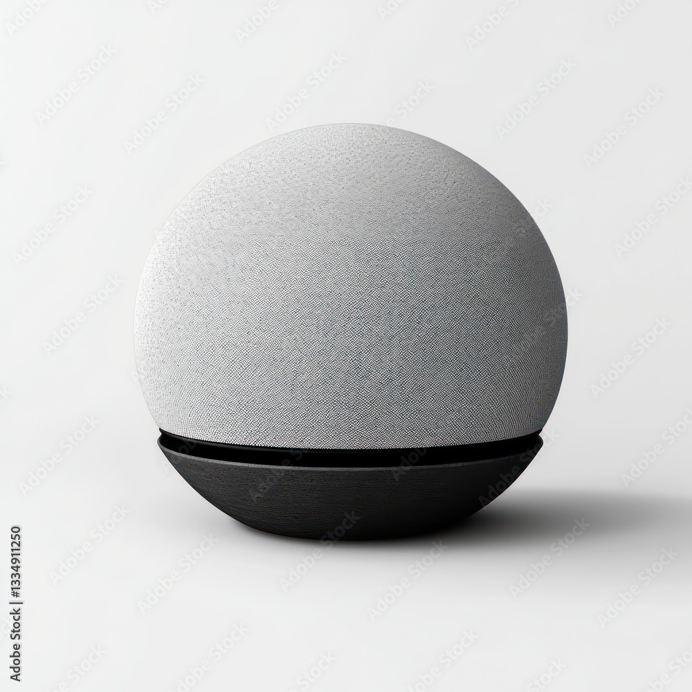 Poster home assistant spherical device placed in front of a smooth white background.