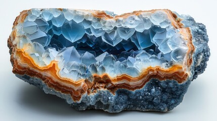Obraz premium Spectacular close-up of a blue geode with raw orange agate and delicate crystalline formations, showcasing geological beauty and earthy tones.