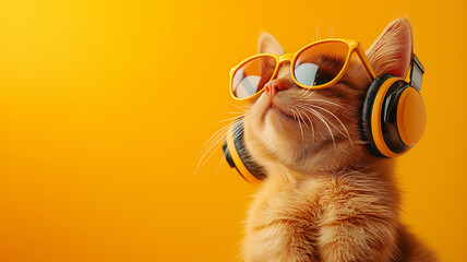 stylish cat wearing headphones and sunglasses against vibrant orange background exudes cool and confident vibe
