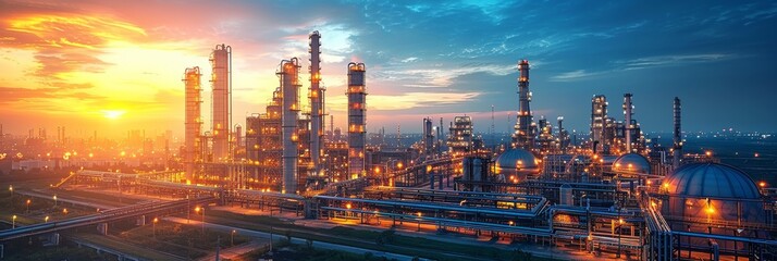Fototapeta premium Spectacular panoramic view of a vast industrial complex illuminated at twilight, showcasing intricate pipelines and towering structures against a vibrant sunset sky