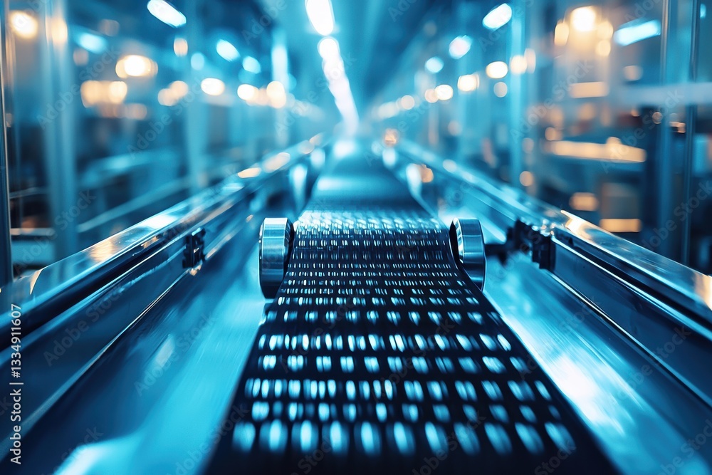 Poster an automated conveyor belt system with blue lighting in a factory setting, showcasing industrial aut