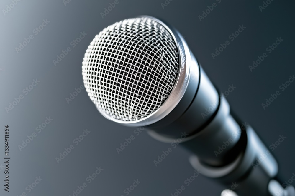 Aufkleber an angled macro shot of a microphone highlighting its fine mesh and sleek structure, set against a s