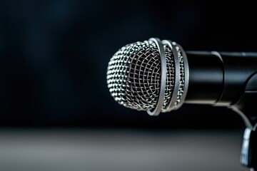 Obraz premium A close-up studio shot of a professional microphone, capturing its intricate details and sleek design against a blurred dark background, emphasizing clarity.