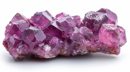 Spectacular specimen of crystallized rhodochrosite mineral, showing rhombohedral crystal habit and vibrant rose-red color, set against a clean white backdrop.
