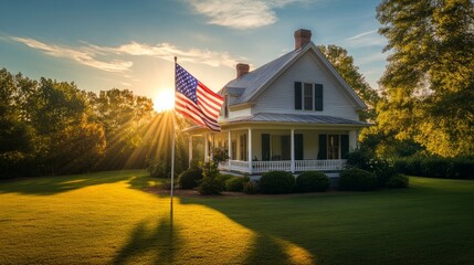 Red suburban house with us flag waving in the wind, celebrating american patriotism and the ideal of home ownership