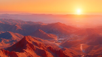 Naklejka premium Majestic mountain range panorama during a radiant sunset near a quaint town