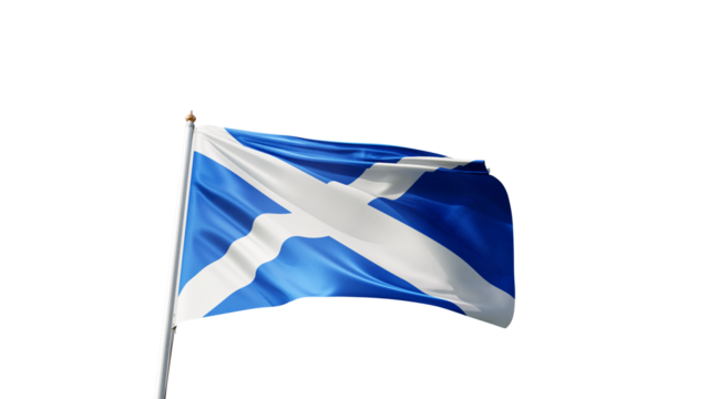 Flag of scotland with no background, transparent png, flag on a flag pole waving in the wind, national symbol of scottish people,  country in europe, picture of a flag	