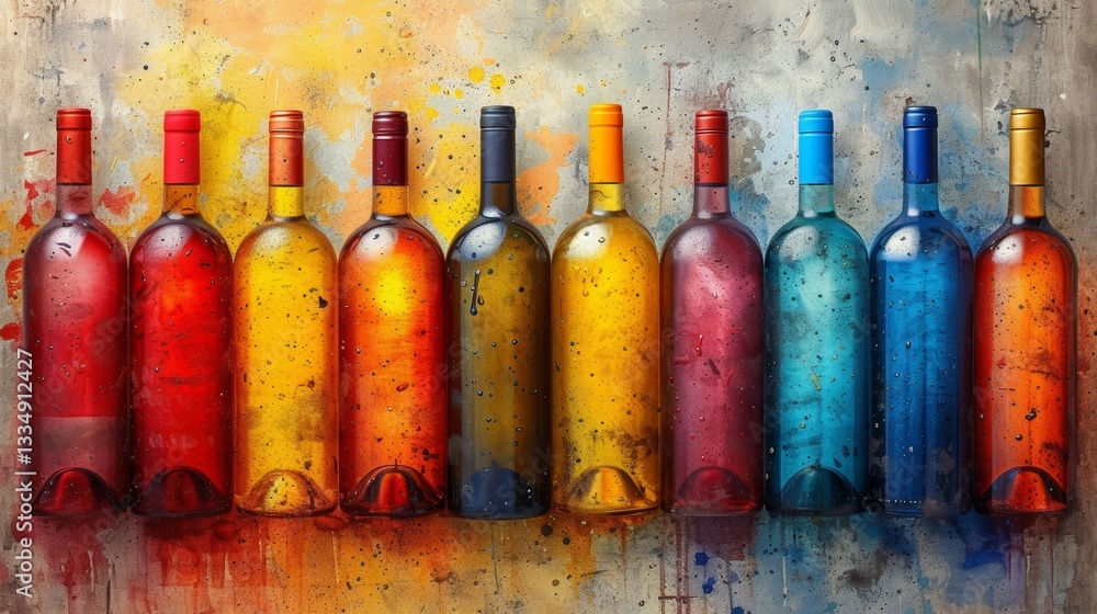 Poster spectrum of grape beverage bottles artistically arranged against a textured backdrop, showcasing vib