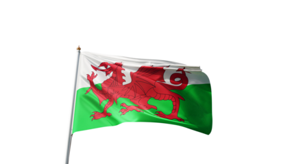 Flag of wales with no background, transparent png, flag on a flag pole waving in the wind, national symbol of wales,  country in europe, picture of a flag	
