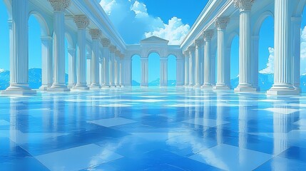 Serene Blue Sky with Classical Columns and Reflective Surface in Ethereal Landscape