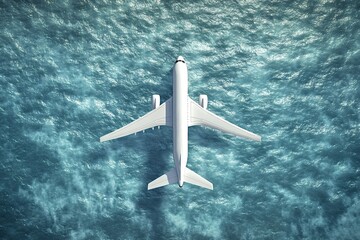 Top view of a white passenger airplane flying over a deep blue ocean during a transatlantic intercontinental flight, concept of travel and transportation
