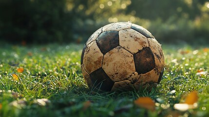  An old and dirty football lies on the grass., Cinema 4D, Panoramic perspective, DSLR camera, Warming filter, Landscape shot scene
