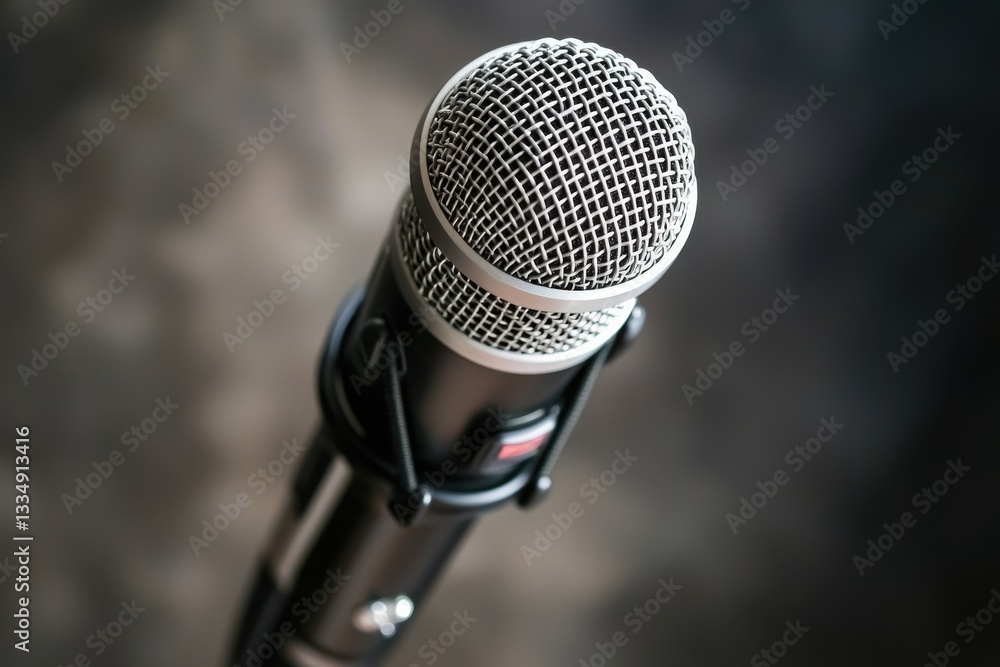 Poster close-up studio shot of a professional dynamic microphone on its stand, perfect for recording vocals