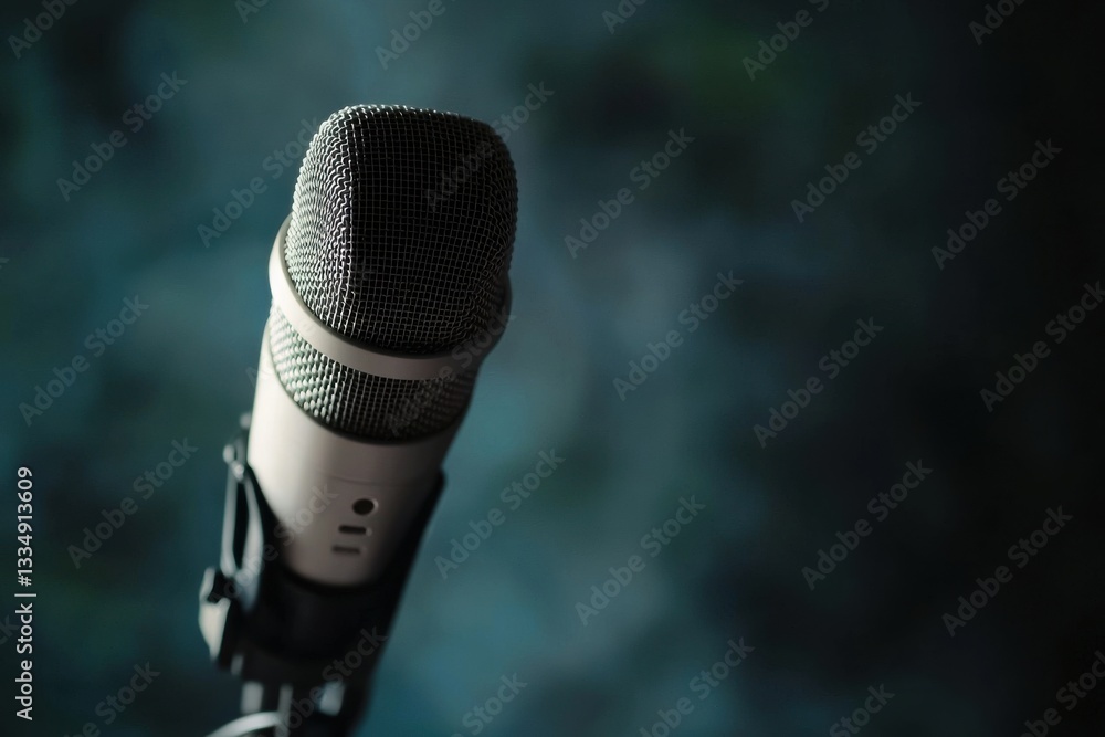 Poster close-up shot of a professional microphone, highlighting its intricate mesh grill and sleek design a