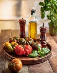 Plateau de tomates avec basilic, huile, sel et poivre dans un cadre rustique.