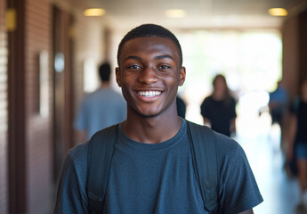 Fototapeta premium An attractive young Black man stands in a well-lit hallway, smiling brightly while wearing a backpack. Students move past him, creating a lively atmosphere as he enjoys his day