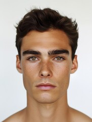 Fototapeta premium Striking portrait of a young adult man with captivating eyes and noticeable freckles looking directly at the camera with neutral expression