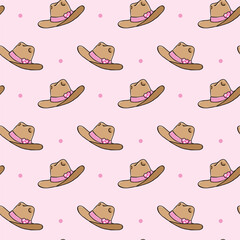 A seamless pattern featuring stylish cowboy hats with pink hatbands and heart decorations, set against a soft pink polka-dotted background. Ideal for fabrics, wallpapers, and digital designs