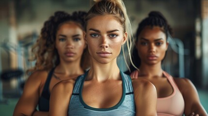 Obraz premium Strong diverse women posing in athletic sports bras with serious expressions in a fitness environment suggesting health and wellness