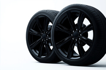 Fototapeta premium High quality black car tires with sleek design, perfect for enhancing vehicle aesthetics and performance. Ideal for automotive enthusiasts and professionals