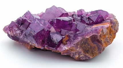 Fototapeta premium Stunning cluster of amethyst crystals forming a geode on a matrix of weathered stone, sparkling with natural beauty and color.
