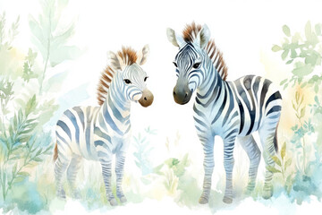 Obraz premium Close-up watercolor of zebra family in serene wild habitat environment