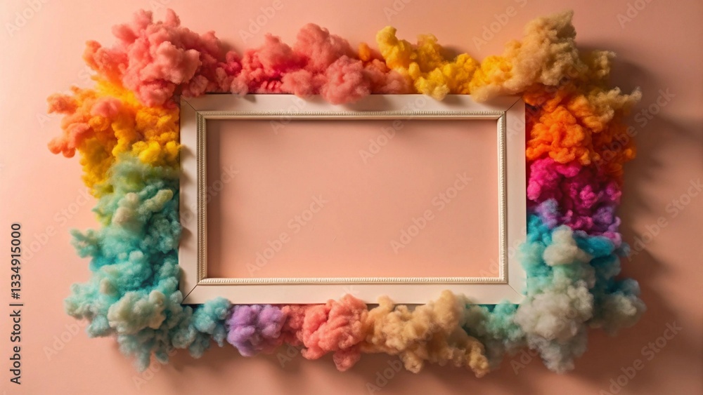 Poster vibrant rainbow powder explosion forms a frame border with copy space on a white background