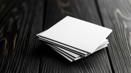 Fototapeta premium Minimalist white business cards stacked on dark wooden surface, showcasing clean and professional design. Ideal for branding and marketing purposes