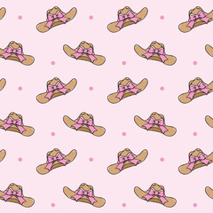 A seamless pattern featuring stylish cowboy hats decorated with oversized pink bows and polka dots on a soft pink background. Perfect for textiles, wallpapers, and digital designs