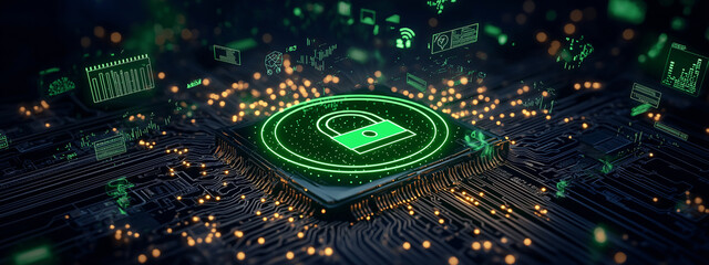 digital illustration of green padlock icon circuit board, symbolizing cybersecurity and data protection. background features glowing data elements and technology graphics, creating futuristic
