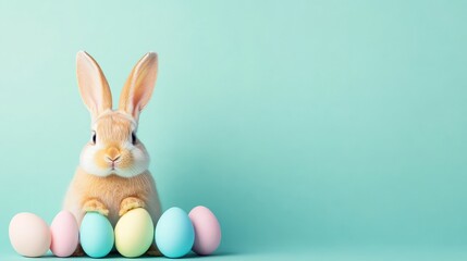 Obraz premium Adorable Bunny with Pastel Easter Eggs - A cute bunny sits proudly in front of pastel-colored Easter eggs, symbolizing spring, new beginnings, hope, joy, and celebration