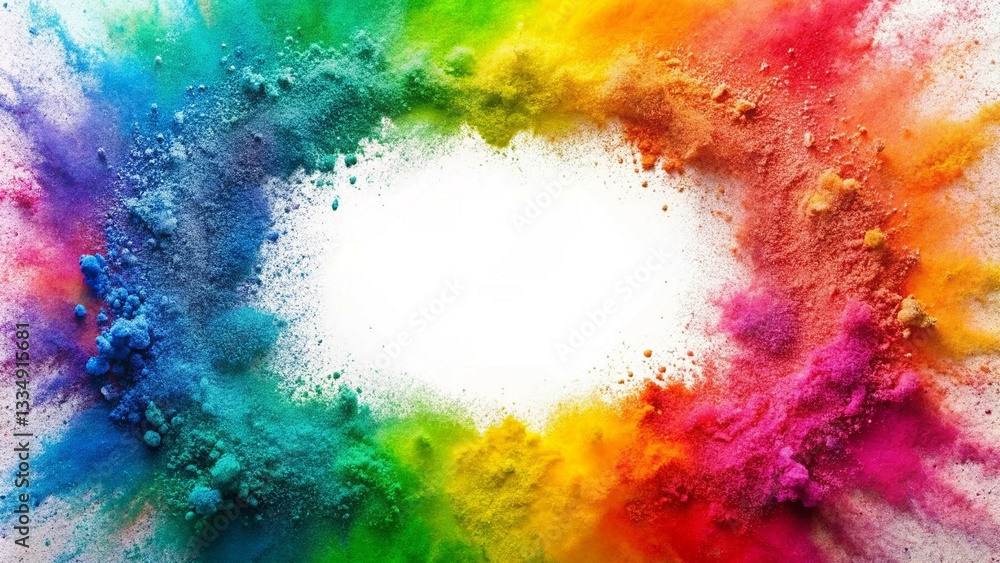 Poster vibrant rainbow powder explosion forms a frame border with copy space on a white background