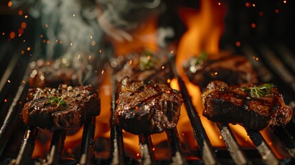 Succulent seasoned beef steaks sizzling on a barbecue grill, creating smoky and flavorful culinary masterpieces with intense heat