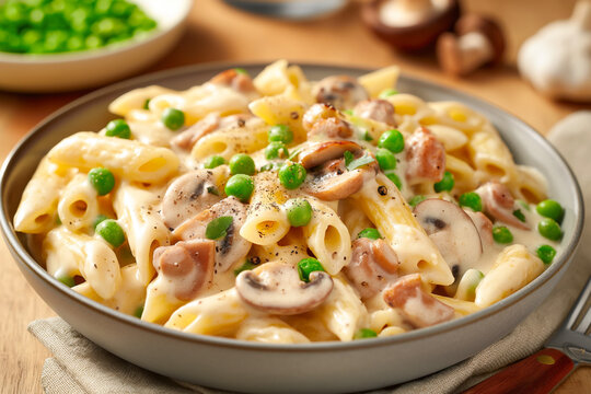 Creamy mushroom and pea penne pasta dish garnished with fresh herbs
