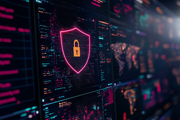 Secure digital environment with glowing padlock symbol on multiple screens, representing cybersecurity and data protection