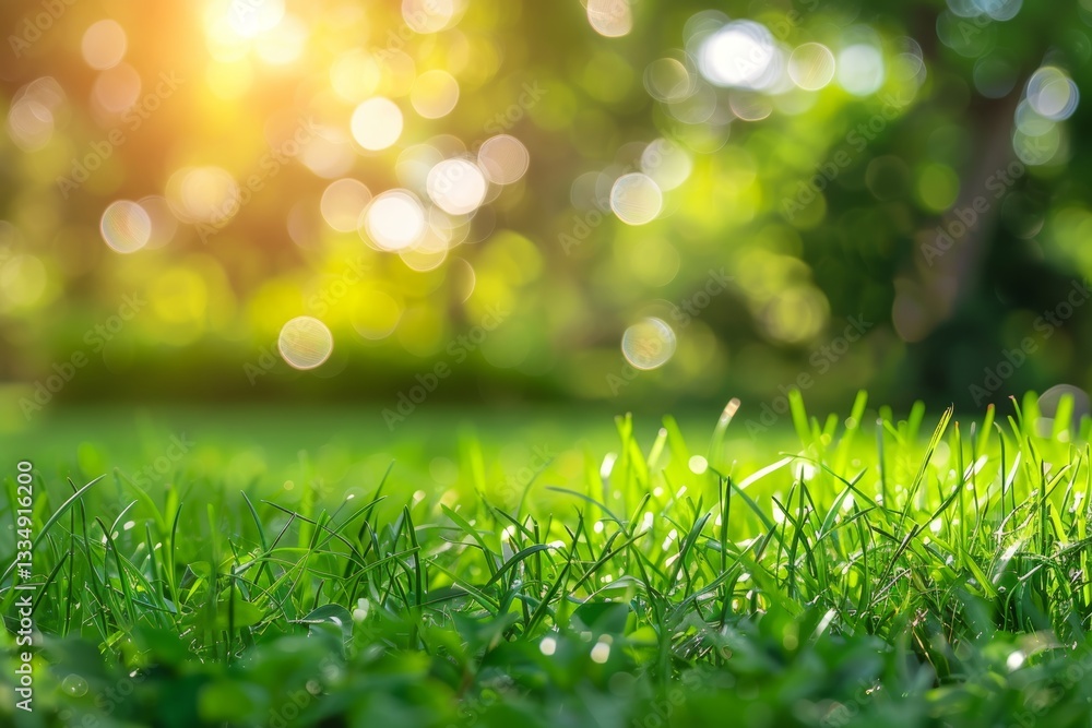 Poster sunlight filtering through lush green foliage and illuminating fresh grass blades in a peaceful gard