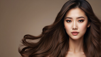 Naklejka premium Beautiful asian Japanese model woman with shiny black and straight long hair . Keratin straightening . Treatment, care and spa procedures for hair . Chinese girl with smooth hairstyle