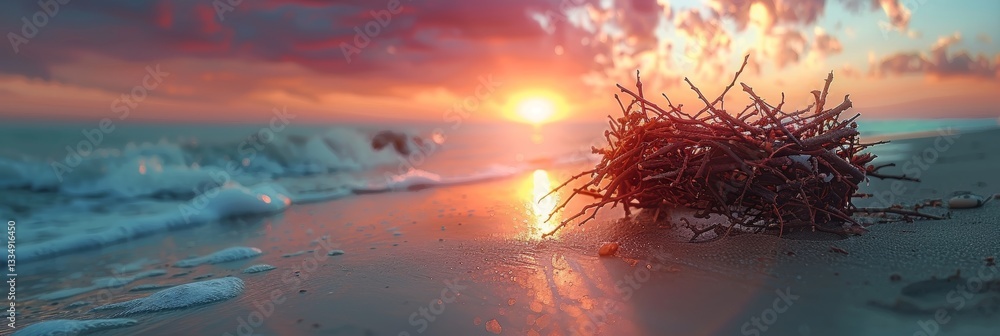 Poster sunlight on the beach with a bunch of twigs against a colorful sky during the golden hour creating a