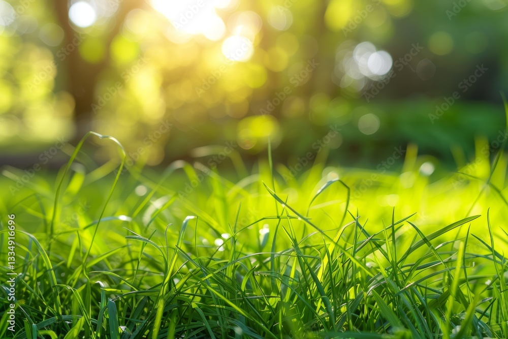 Poster sunlight streams through the trees, illuminating vibrant green blades of grass in a meadow, creating