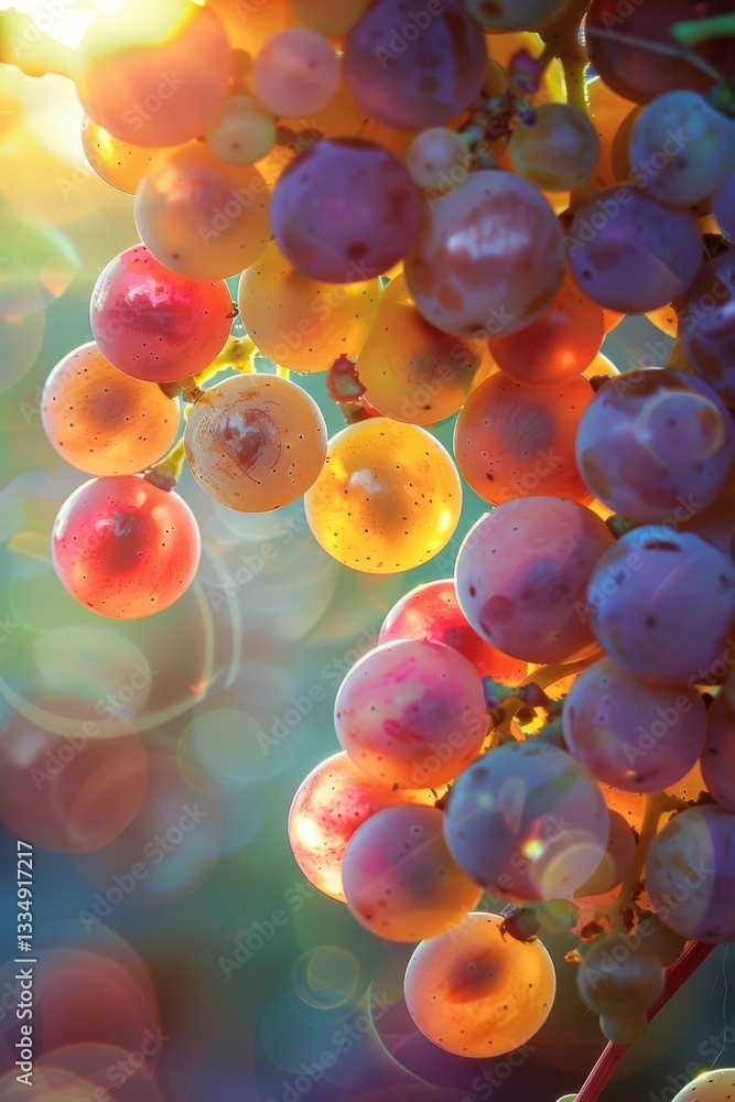 Poster sunlit cluster of ripe grapes hanging from the vine, showcasing vibrant colors and a soft bokeh back