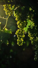 Fototapeta premium Sunlit vineyard bounty: Hanging clusters of green grapes ripen amongst lush leaves, a close-up capture of nature's sweetness.