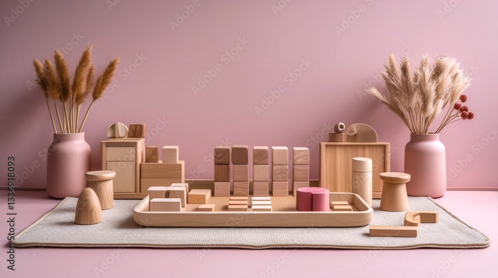 Aufkleber a pink wall with a wooden display of various toys and blocks. the display is arranged in a way that 