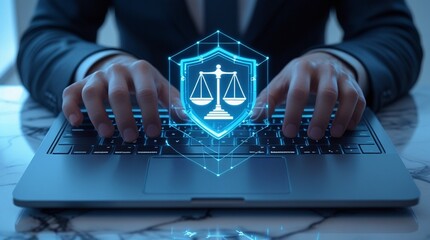 The artwork features a futuristic holographic interface overlay on a laptop keyboard, symbolizing legal protection, cybersecurity, and digital law, with a sleek, marble-textured surface and soft light