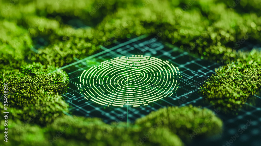 Poster a glowing green fingerprint placed against the background of an electronic circuit. moss or grass gr