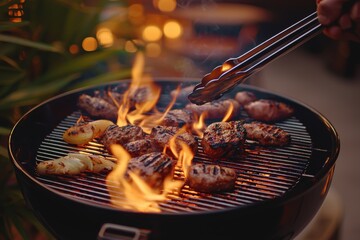 Sizzling barbecue scene: a round grill filled with juicy meat and pineapple slices, engulfed in flames, as tongs prepare to flip the delicious, smoky treats.