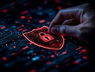 hand holding shield with padlock symbolizes digital security and protection. background features circuit board design, emphasizing technology and cybersecurity